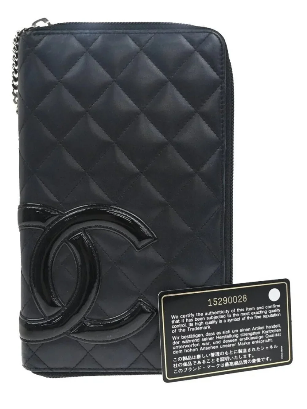 CHANEL CC Logo Cambon Zip Around Long Patent Wallet Leather Black Pink 38KP511